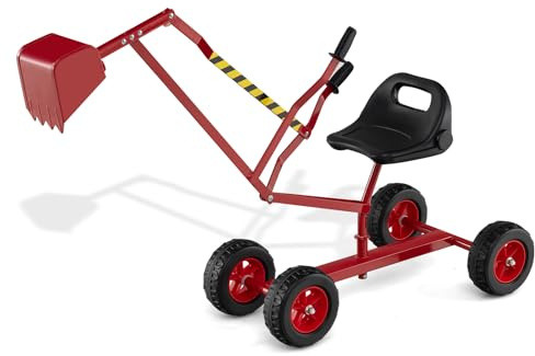 COSTWAY Excavadora de Arena para Niños, Juguete de Arenero con Controles de 2 Manos y Pala Flexible, Asiento Giratorio 360° y Respaldo,Excavadora Juguete Grande para Niños de 3+ Años (Rojo, Ruedas)
