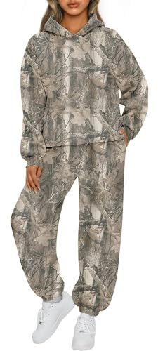 TERIVEEK Camo Sweatsuits for Women 2 Piece Outfits Maple Leaf Print Hoodie Sweat Sets Pants Camouflage Tracksuits Lounge sets