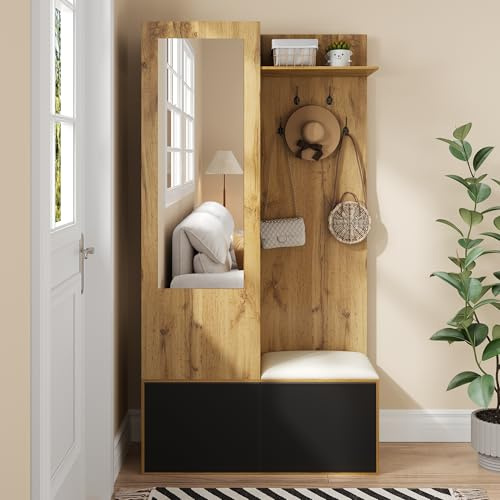 LAKFEW Garderobe mit Sitzbank und Spiegel, Flurgarderobe mit Schuhschrank und Regal, Garderobenschrank Flur mit 5 Kleiderhaken, Flur Möbel, 100x38x191 cm, Holzfarbe