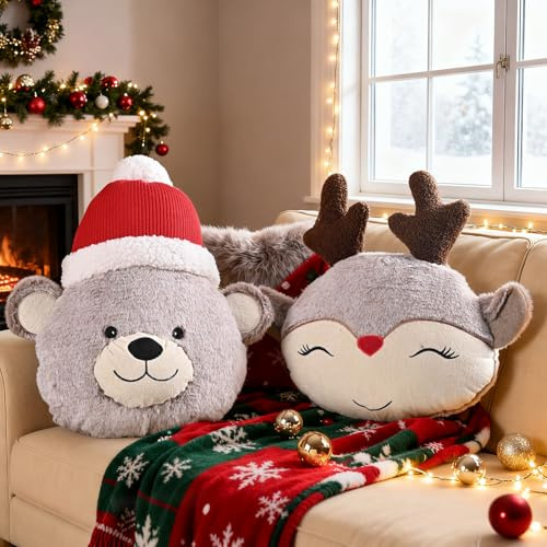 Lanpn 2 Stück Weihnachts Kissen, Elch Kissen Weich Bärskissen Flauschig Dekokissen mit Füllung Zierkissen für Weihnachts Zuhause Wohnzimmer Schlafzimmer Sofa Bett Couch Dekoration