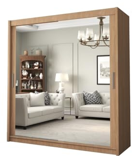 DELUXEWARE 2&3 Sliding Door Wardrobe - Elegant Wardrobe with Double Full-Length Mirror, Hanging Rail & Shelves | Sleek Matt Finish Bedroom Wardrobes with Strong Mdf Construction (Oak, 120cm)