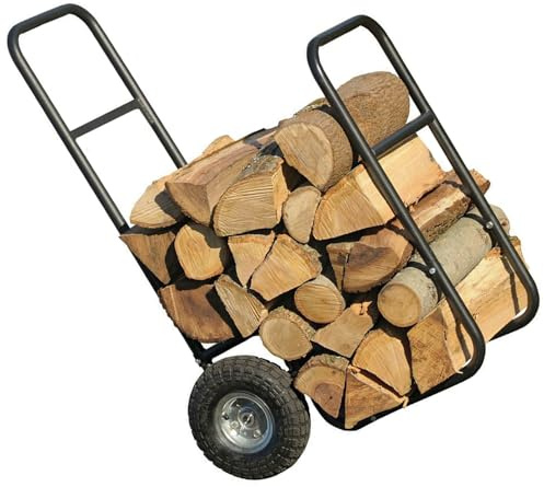 Porte-chariot à bois de chauffage tout en acier avec roues jamais plat, chariot bûches d’une capacité 250 lb, support transport pratique pour déplacer le cheminée l’intérieur et l’extérieur