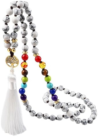108 Mala-Perlen-Knotenkette Für Männer Und Frauen, Natürlicher Edelstein, Lange Halskette Mit Lebensbaum-Anhänger Und Quaste, Gebet, Spiritueller Schmuck, Geschenke, Howlith, 8 Mm (80 Perlen)