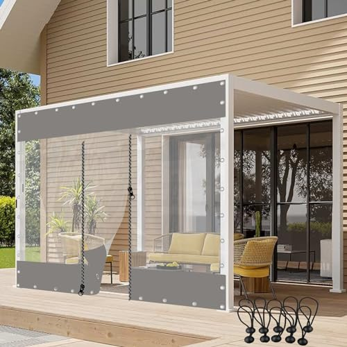Cortinas de lona transparente impermeables para cenador, paneles laterales de plástico de 0.6 mm de grosor con puerta con cremallera, color gris, 6 x 20 x 10 pies, para patio, pérgola, toldo al aire