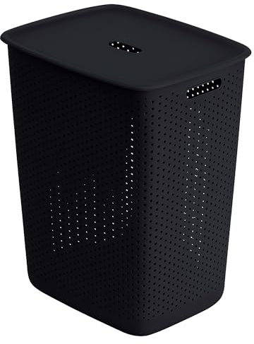 EDANTI Wäschekorb mit Deckel Wäschesammler Wäschebox Wäschebehälter Rattan Kunststoff Ergonomischen Griffen 60L (Schwarz)