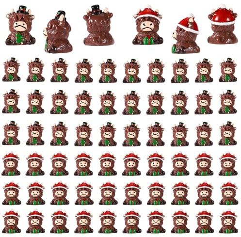 60pcs Mini Vaches Highlands, Figurines Miniatures Vache Chapeau Père Noël et Sapin Noël Petites Sculptures Résine Petites Décorations pour Maison Jardin Ferme Table Décoration Fête