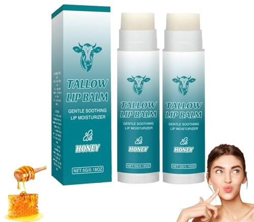 Natural Tallow Lip Balm mit Bienenwachs, Lippenpflege Propolis, Honey Balm, Rindertalg Lippenbalsam, Lippenpflege Honig, Pflegender Lippenpflegestift für Trockene Lippen (2PC)