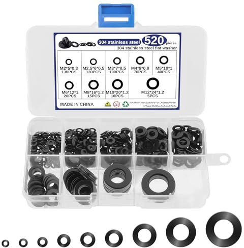 Washers for Screws, 520 PCS Stainless Steel Washer, 9 Sizes Black Washers for Bolts M2 M2.5 M3 M4 M5 M6 M8 M10 M12, Penny Washer for Repair