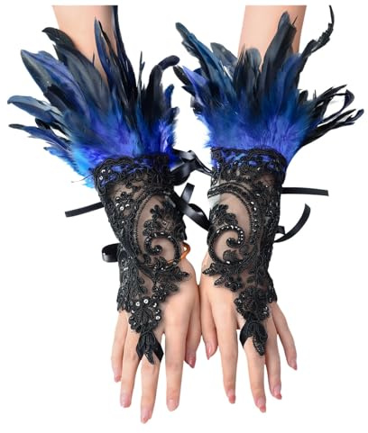 Generisch Damen Feder Spitzenhandschuhe Lange Spitze Fingerlose Handschuhe mit Federborte Abendhandschuhe Dekorative Federärmel für Hochzeit Halloween Kleiderparty Karneval Performance