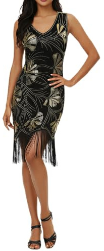 Generisch Elegante vestido sin mangas estilo retro con cuello en V con flecos de lentejuelas para vestidos de fiesta trajes de baile, Negro , XL