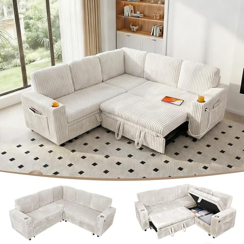 EYATZO Modular Sectional Sleeper Sofa with Pull Out Bed, Plush Corduroy Corner Couch with Storage Chaise, USB Ports, Cup Holders, Comfy Cloud Couches for Living Room, White