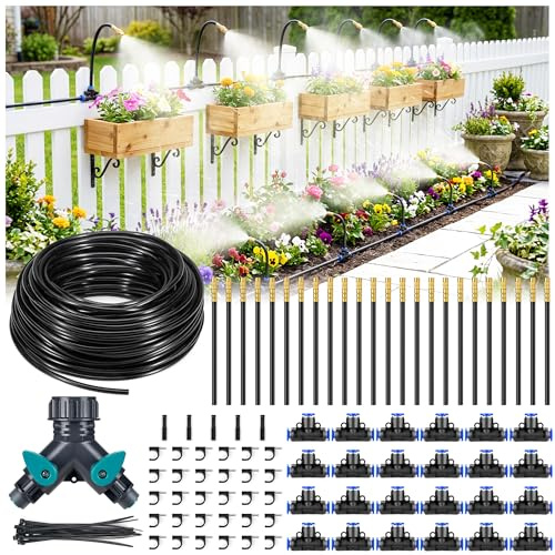 HIRALIY 100FT Garden Watering System with 24 360° Adjustable Copper Mist Nozzles, Quick-Connect Drip Irrigation Kit for Raised Beds, Patio Pots and Greenhouses