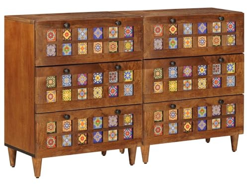 Hoopleep Lot de 2 buffets en noyer massif de mangue, 38 x 33,5 x 160 cm, avec 6 tiroirs, armoire moderne pour cuisine, garde-manger, rangement