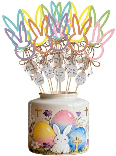 PIujsym 12 Stück Osterdeko Outdoor & Ostern Deko Draußen - Blumenstecker Ostern Holz Hasen Set für Frühlingsdeko, Bunte Pflanzenstecker mit Juteschleife & Perlen für Blumentopf & Garten