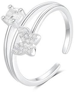 Mesnt Anello Donna Proposta Matrimonio, Donna Oro Bianco Anello Aperto con moissanite Rotonda e a Farfalla