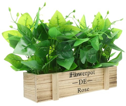 CVUTOVO Artificial Golden Pothos Bonsai Simulation Plant 30cm with Rustic Wooden Fence Pot Fake Potted Greenery for Home Office Spring Decor