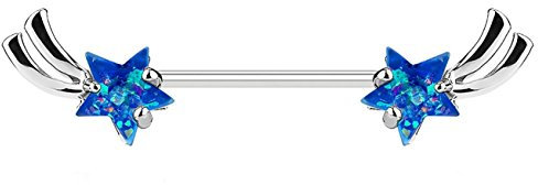 beyoutifulthings Brustwarzen-Piercing Stern-SCHNUPPE Intim-Piercing Brust-Piercing Edelstahl Glitzer-Opal Silber Aqua Stab 1,6mm 14mm