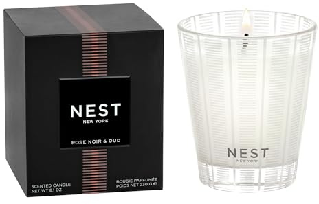 NEST New York Scented Classic Candle, Rose Noir & Oud - 8.1 oz - Up to 60-Hour Burn Time - Reusable Glass Vessel