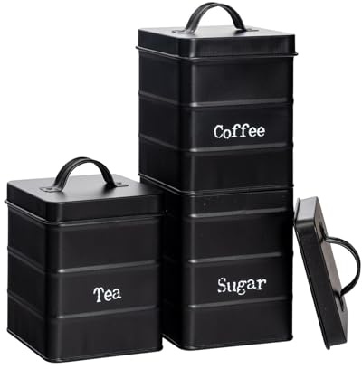 Harbour Housewares Metal Tea Coffee Sugar Canister Set - Black - 3pc Vintage Retro Food Storage Preservation Canister Caddy Container Tin with Airtight Fit Lid for Kitchen Organisation & Home Décor