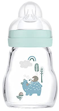MAM Feel Good Glass Baby Bottle (170 ml), Milk Bottle with Wide Opening, Sturdy Baby Drinking Bottle with Teat Size 1, from Birth, Bear/Hedgehog