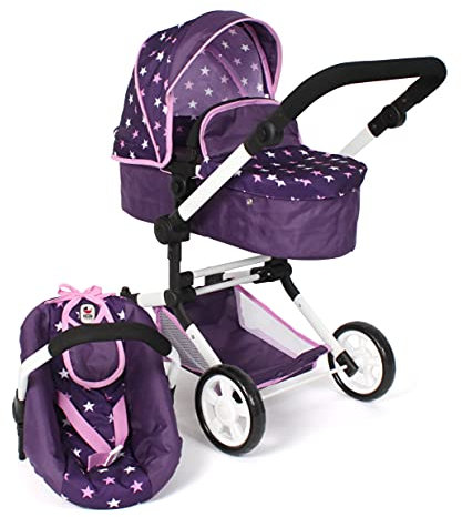 Bayer Chic 2000 - Puppenwagen Linus, 3in1 Kombipuppenwagen für Kinder von 4 bis 8 Jahren, Puppenwagen-Set, Stars lila, Sternchen