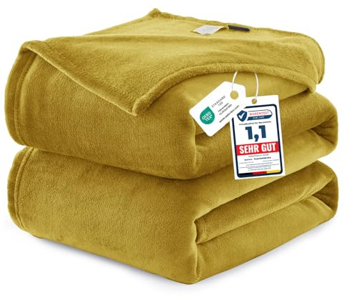 WAVVE Kuscheldecke 220x240 cm Gelb Decke – Flauschige Fleecedecke, Große Warme Sofadecke & Wohndecke, Weicher Sofaüberwurf & Bettüberwurf für Couch und Bett