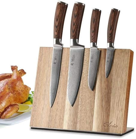 Wakoli EDIB 4-teiliges Damastmesser Set mit magnetischem Messerblock aus Akazienholz – Scharfe Küchenmesser mit 67 Lagen VG10 Stahl – Kochmesser für Hobbyköche & Profis – Geschenkbox enthalten