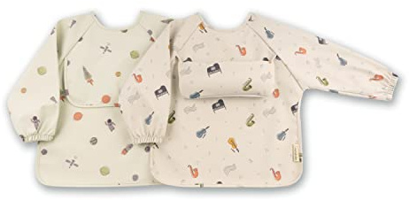 ÜneeQbaby Bavaglini Impermeabili (2 Pezzi), Senza Maniche, Certificato Oeko-TEX con Tasca sul Petto per Alimentazione & Gioco (Piccolo 6-18 mesi, Musica grigia, spazio viola)