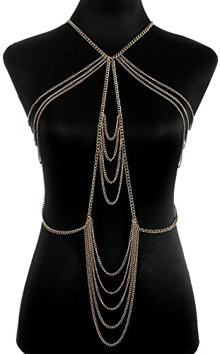 Reofrey Körperschmuck, Körperkette Gold, Bikini Kette Crossover Bh Kette Lange Brustkette, Für Damen Tops Oder Als Geschenk, Partykleider Und Strandausflüge
