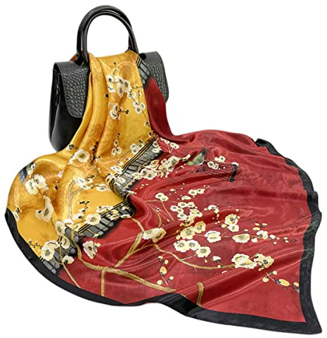 FAIRYGATE Kopftuch Seide Damen Seidentuch Quadrates Bedrucktes Halstuch Satin Seidenschal Kopftuch 90x90cm Schal Rot Damen 91013
