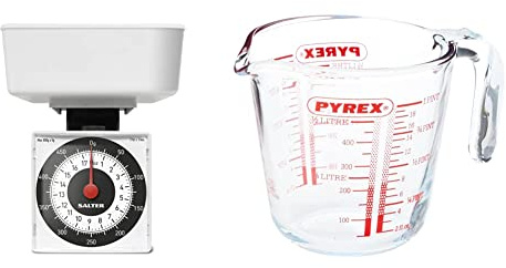 Salter Dietary Mechanical Kitchen Scales 500g Capacity, Weigh in 5g Increments for Precise Portion Control, Scale Fits Inside Pan - White & Pyrex P586 Measuring Jug, 500 ml