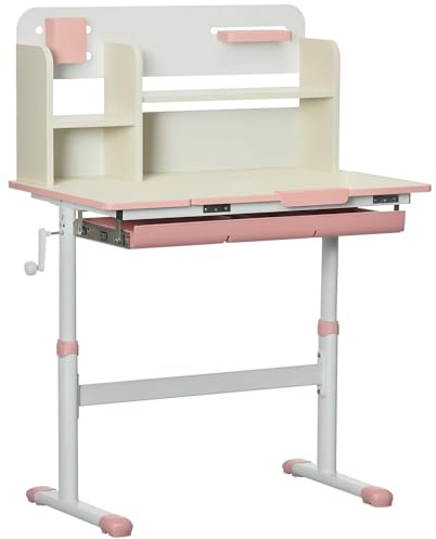 Qaba Wooden Kids Study Desk, Height Adjustable Children School Study Table, Student Writing Desk with Tilt Desktop, Drawer, Storage Shelf, Pen Holder, Pink