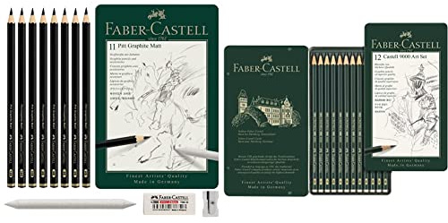 Faber-Castell 115220 - Bleistift Pitt Graphite Matt, 11er Metalletui & F119065 119065 - Bleistift CASTELL 9000, 12er Art Set, Inhalt: 8B - 2H