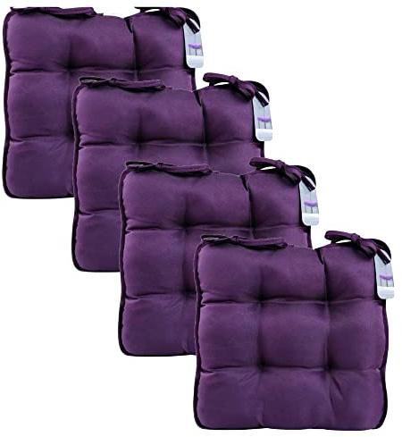 Chair Seat Cushion - Set of 4 100% Cotton Chairs Pad with Straps, 40x40 cm Booster Cushions for Dining Room Garden Patio Kitchen Pads (Aubergine)