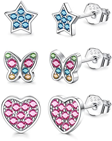ORAZIO 3 Pairs Petites Boucle d'oreille Enfant Fille En Argent 925 Étoiles Coeur Papillon Boucles D’oreilles Hypoallergéniques Multicolores Zircone Cubique Boucles d'oreilles Enfant Ensemble