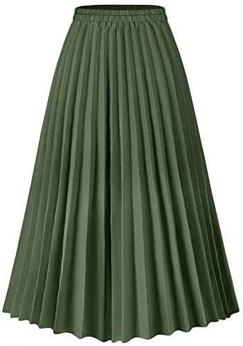 Basoteeuo Green Pleated Skirt for Women Midi Length Summer High Waisted A Line Elastic Waist Skirts XXL