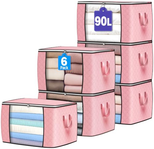 Budding Joy 90L Aufbewahrungstasche Groß, Faltbare Unterbett 6 Stück, Rosa | Aufbewahrungsbox mit Deckel Große, Kleider Aufbewahrung Umzugskartons, Kleiderschrank für Kleidung Bettdecken und Bettwäsche
