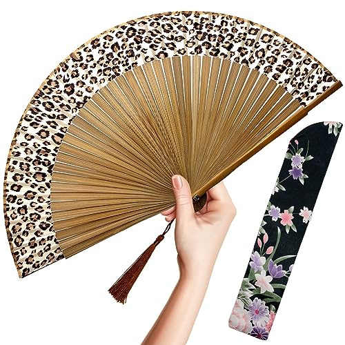 OMyTea Faltbarer Handventilator für Frauen - Faltbarer chinesischer japanischer Fächer (Sexy Bambus - Leopard)