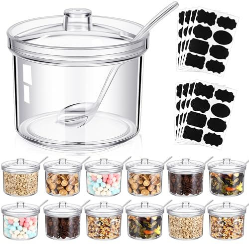 Tioncy 12 Pcs Ice Cream Bar Supplies Sugar Bowls with Lid and Spoon Acrylic Candy Dispenser Party Bar Hot Cocoa Sundae Caramel Apple Dipping Container with Tag (7.1 oz,Clear)