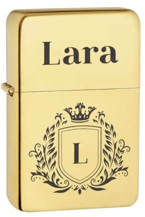 Goldenes Benzinfeuerzeug Geschenk für Frauen und Männer - Sturmfeuerzeug mit Gravur - Geschenke zum Geburtstag, Vatertag und Muttertag - Feuerzeug für Camper, Wanderer und Jäger - windfest