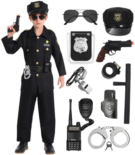 Polizei Kostüm Kinder Polizei Kostüm Jungs Polizei Cosplay Outfit mit Zubehör Faschingskostüme Uniform mit Polizistin Ausrüstung Mütze Handschellen Sonnenbrillen für Karneval Fasching Halloween