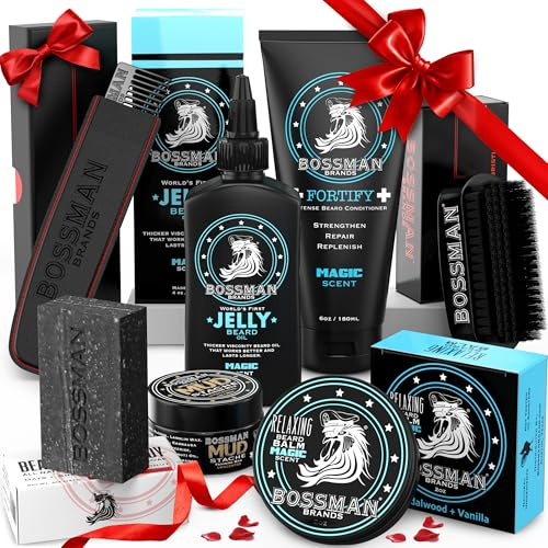 Bossman Big Boss Beard Care Kit for Men - 7 Piece Beard Grooming Kit with Jelly Beard Oil, Beard Conditioner, Beard Balm, MUDstache Wax, Bar Soap, Metal Comb, Brush - Gift Set for Men (Magic)