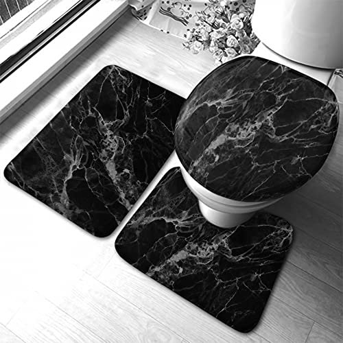 3 TLG Plüsch Anti-Rutsch Badteppich Set Schwarzer Marmor, Luxuriöse, Dunkle Steinoberfläche Mit Glatter Oberfläche U-Förmigen Contour Matte Anti-Rutsch Wc-Deckelabdeckung Badezimmer Teppiche Set