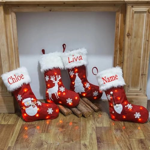 Bykiyevm Personalisierte Weihnachtsstrümpfe, personalisierbar, bestickt, Namen, Weihnachtssocken, Dekorationen mit Lichtern, groß, handgestrickt, Weihnachtsstrümpfe, beleuchtete Heimdekoration (5