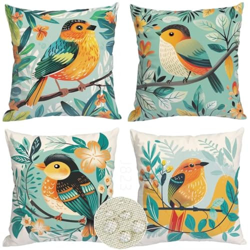 Outdoor Kissen 4er Set, wasserdichte Kissenbezug 65x65 Leinen Grün Muster Kissenbezüge Katze Kissenhülle Sofakissen Outdoorkissen Couch Kissen Zierkissen fur Garten Wohnzimme Boho Deko Kissen W9-182
