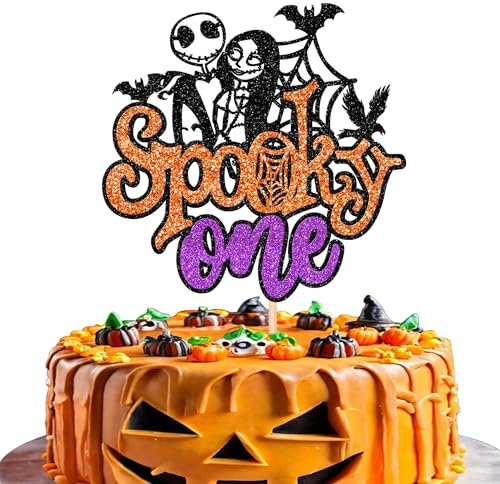 Xsstarmi 1 Pack Spooky One Cake Topper Glitter Spider Web Bat Jack and Sally Halloween Cake Pick for Happy Halloween Theme Baby Shower 1st Birthday Party Cake Decorations Supplies Gold