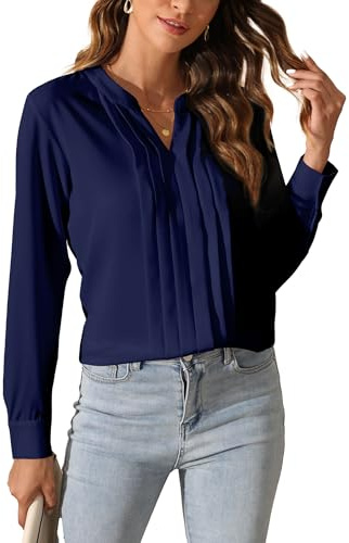 SPRING SEAON Womens Long Sleeve Blouses Elegant V Neck Shirt Casual Button Downs Ladies Work Shirt for Women UK Navy Blue