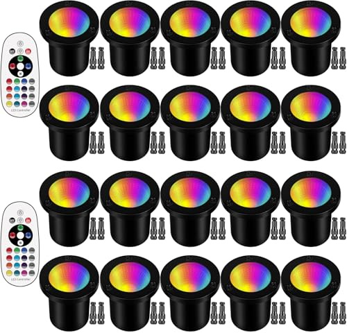 Motrackcao RGB Low Voltage Landscape Lights LED Color Changing Well Lights, Outdoor In Ground Light Waterproof Spotlights 12-24V Landscape Lighting for Yard Garden Pathway(20 Pack with Connectors)