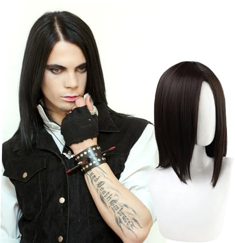 FOUNSHO Parrucca Nero Uomo Capelli, 35CM/ 13.78'' Lunga Lisci Parrucca da Adulto Anni '70 '80 '90 Cosplay Hippie Rock Parrucce per Uomo Donna Halloween Carnevale Festa Costumi