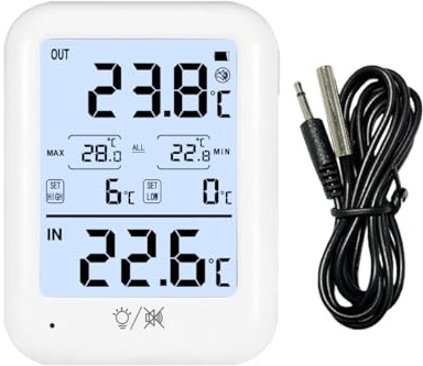 Thermomètre numérique pour réfrigérateur/congélateur avec alarme, affichage de la température intérieur/extérieur, commutable, mémoire max/min, LED et alerte vocale, rétroéclairage